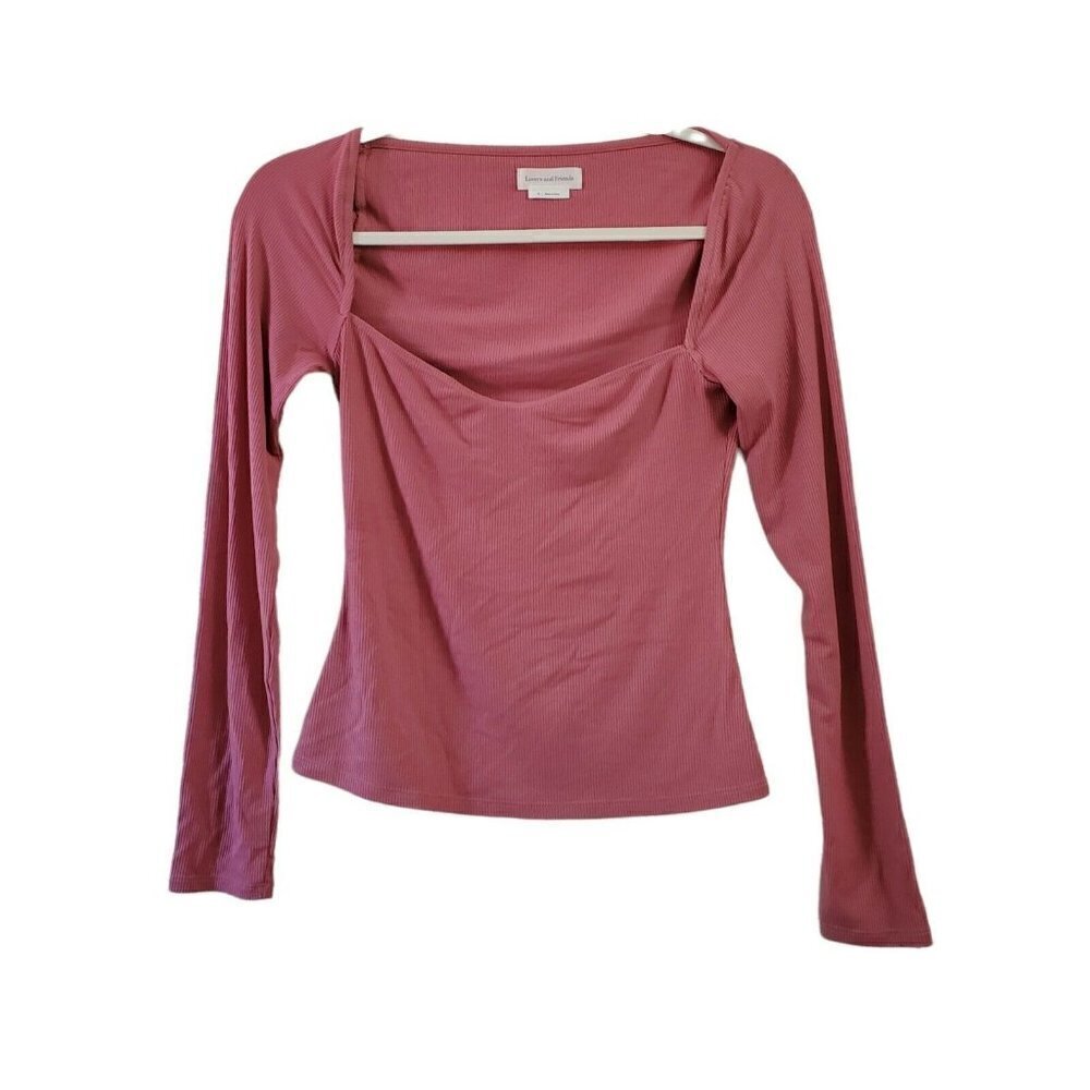 Lovers and Friends Blouse XS Pink Sweetheart Neck Long Sleeve Semi Crop Top